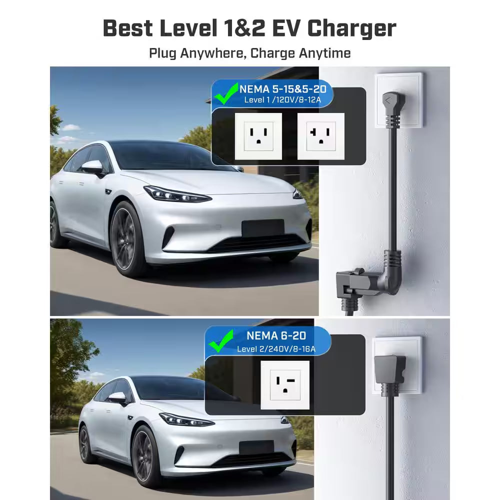21Ft 110-240 Volt Portable EV Charging Cable Adjustable Current Timer J1772 Electric Car Charger Cord
