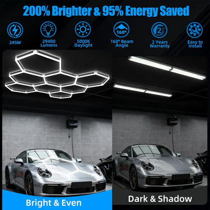 8.3 Ft. Hexagon Garage Lights,245-Watt 29400 Lm,8-Grids 5000K Honeycomb Shop Light for Mall,Gym,Auto Repair Shop(1-Pack)