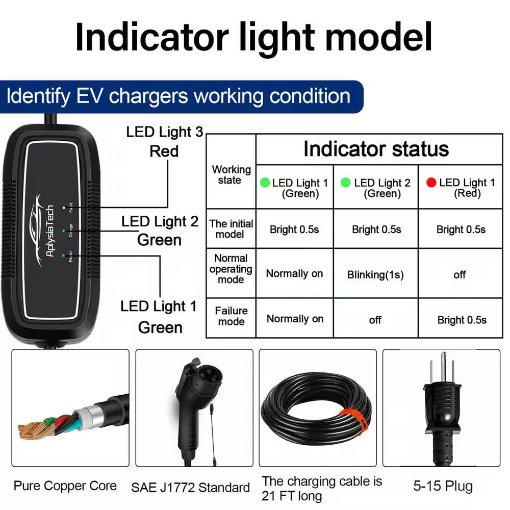 21Ft 110-Volt Portable EV Charger Level 1 Electric Vehicle Charging Cable NEMA 5-15P Compatible SAE J1772