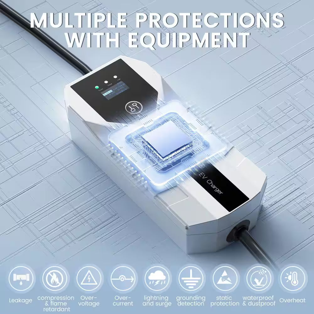 20 Ft 110-240-Volt Portable Electric Car Charger Level 1 2 16A Adjustable Plug-In Hybrid EV LCD Screen