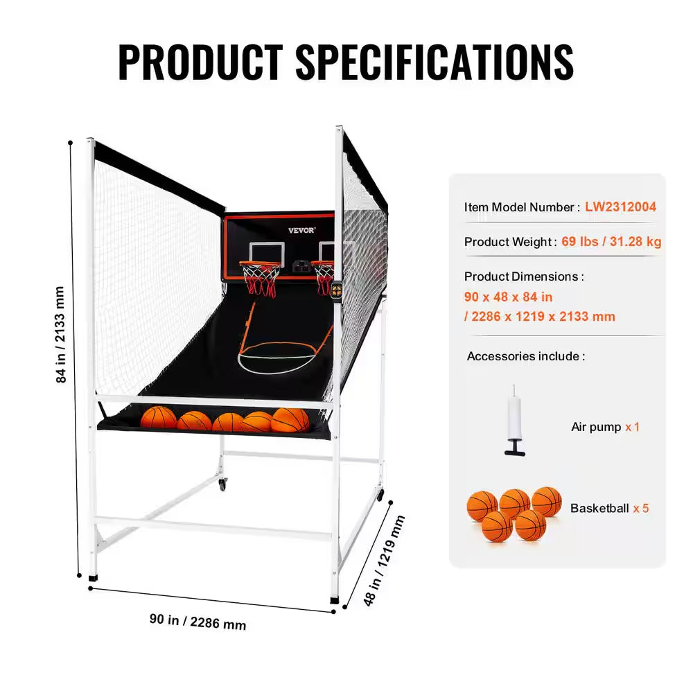 Arcade Cage Basketball Game 2 Player Indoor Basketball Game with 5 Balls, 8 Game Modes Home Dual Shot Sport