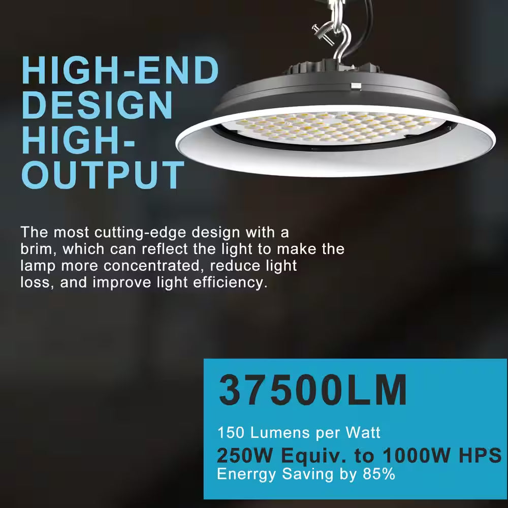 6Pack of 250W LED High Bay Light 37500LM High Bay LED Shop Lights AC100-277V Commercial Bay Lighting for Warehouse
