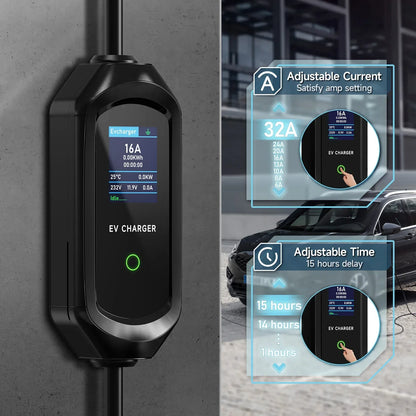 Type2 IEC62196-2 Portable EV Charger 7KW 32A Type1 J1772 EVSE Fast Charging Cable GBT 20234 CEE Plug Wifi APP Bluetooth Control