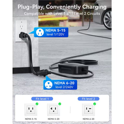 25Ft 110-240 Volt Level 1 2 EV Charger Fast Portable Smart Car Charging Cable with Holder NEMA 6-20P Black