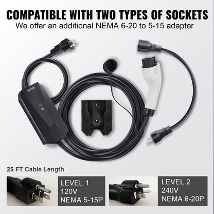 Portable EV Charger, 16 Amp 120V or 240V, Electric Vehicle Charger with 28-Foot Charging Cable NEMA 6-20P Plug NEMA 5-15 Adapter, Plug-In Home EV Charging Station for SAE J1772 Evs