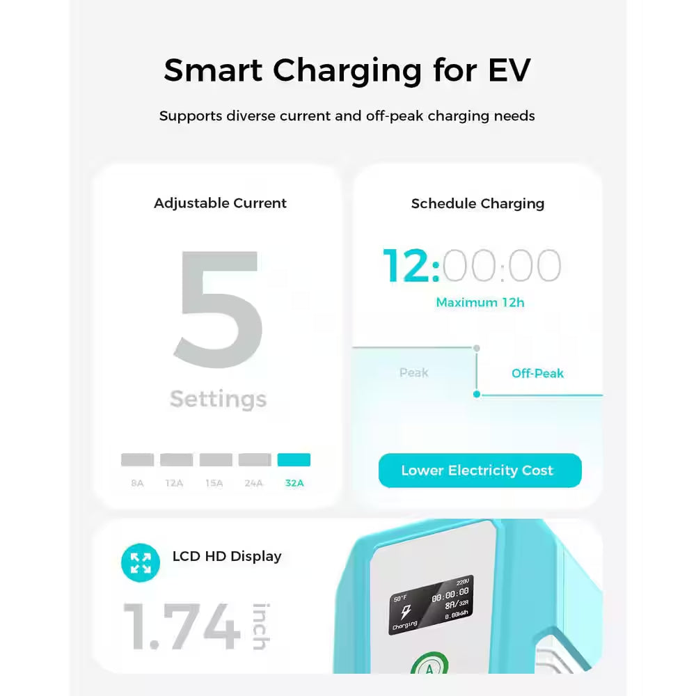 20Ft 110-240 Volt Electric Vehicle Charger Level 1 and 2 Portable Home Charging Station Adjustable Current Timer IP66