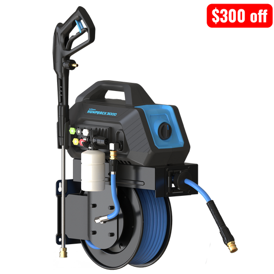 Blu Shield HumpBack 3000PSI All-in-One Pressure Washer System, Auto-Retractable Hose Reel, Industrial Pump, Accessories