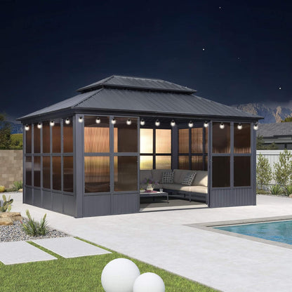 Alora Vista Outdoor Hardtop Aluminum Solarium With Double Roof And LED Lights (SAK42086)