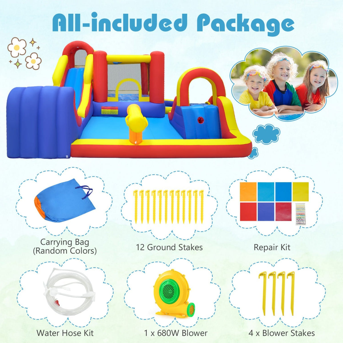 7-in-1 Inflatable Water Slide Bounce House with Dual Slides